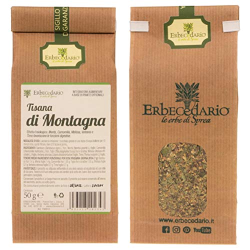 Erbecedario - Tisana di Montagna Digestiva con Sambuco e Camomilla, Infuso Sgonfiante per digestione lenta e Meteorismo, Contro la tensione addominale Tisana fredda Gusto Piacevole, 1 Sacchetto 50g