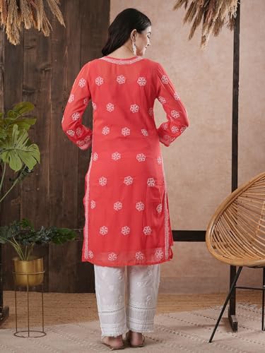 Image of Ada Lucknow Chikankari Hand Embroidered Faux Georgette Kurta Kurti Tunic Dress for Women A95504