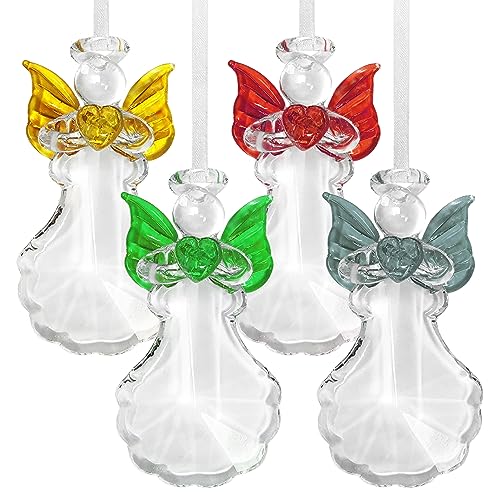 Angel Crystal Christmas Ornaments - Set of 4 Angels Holding Colored Hearts - Assorted Wing and Heart Red, Green, Gold and Silver - 3