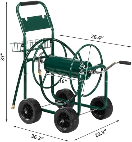 Garden Hose Reel Cart Water Pipe Trucks,Water Hose Cart with 4 Wheels,Hold Up to 400ft of 1/2" Hose,Heavy Duty Steel Garden Lawn Water Truck Water Planting Cart w/Storage Basket for Garden,Yard,Lawn