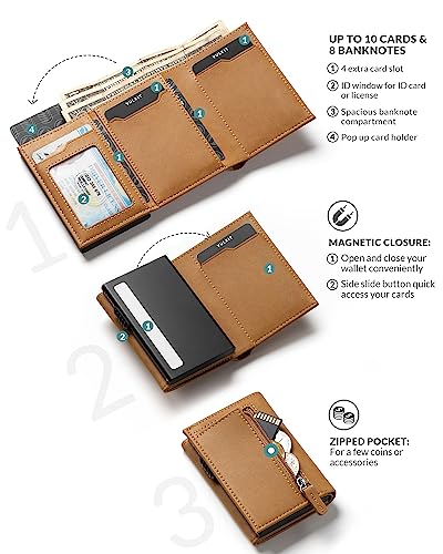 Image of VULKIT Card Holder Wallet with Coin Pocket Magnetic Closure Pop Up Cards With ID Window Leather Wallet for Cash & Credit Cards, Saddle Tan, Medium, Contemporary