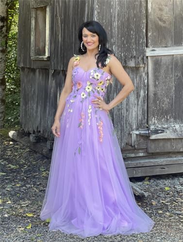 Fivsole 3D Floral Applique Prom Dresses Flower Tulle Long Wedding Formal Evening Gown2