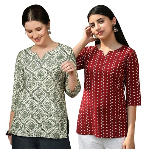 Image of Pinkmint Women's Cotton Blend Printed Short Kurti, Hip-Length Ethnic Tunic for Women, 3 /4 Sleeve Notch Neck, Casual, Office (Available in Plus Sizes & Combo Pack 2)