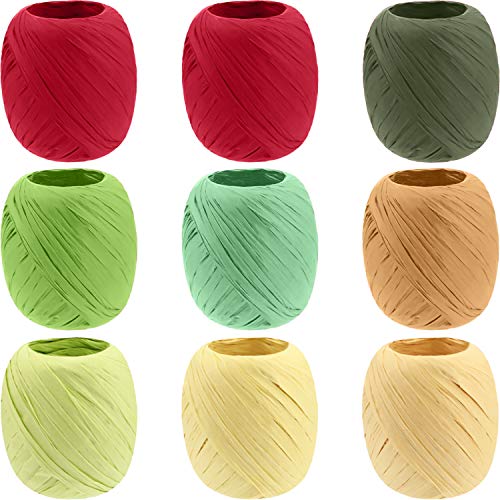 9 Rolls Raffia Ribbon Colorful Raffia Paper Ribbon Twine Ropes for Christmas Valentine's Day DIY Craft Gift Box Packing，591 Feet Totally, 8 Colors