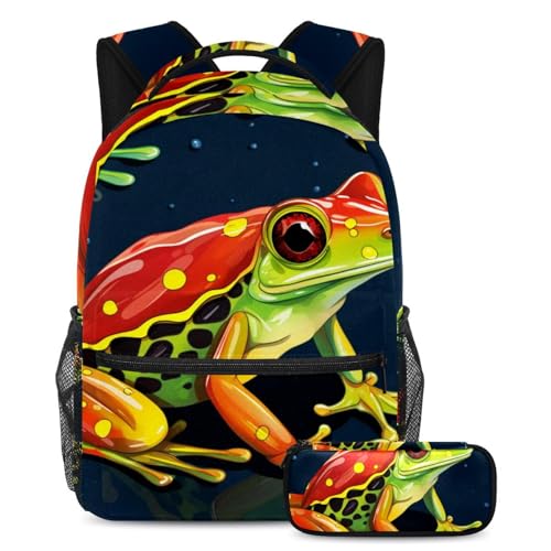 Sac à dos grenouille colorée avec trousse ensemble scolaire multicolore ado