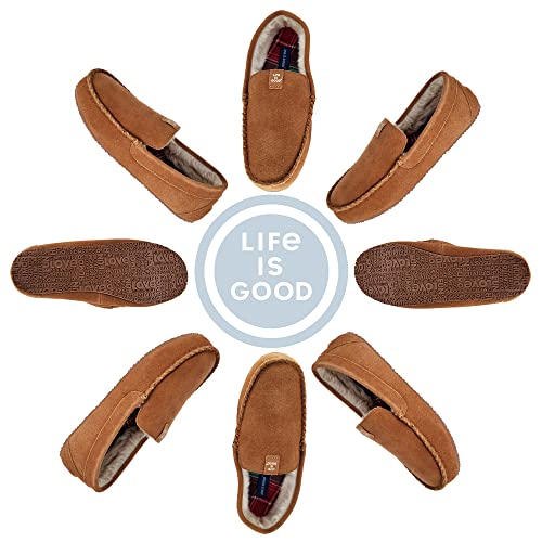 Life Is Good Men's Venetian Moccasin Slippers, 302795M - Suede & Faux Fur Close Back Indoor/Outdoor Slip-Ons - Premium Comfort & Durable Loafers With Plaid Lining & Eva Outsoles (Tan/Holiday Plaid - Size 8) #TOP1