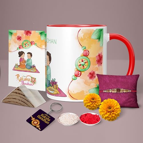 Image of Rakhi for Brother Printed Mug with Keychain Best Rakhi Combo Gift for Brother & Sister Rakshabandhan Return Gifts for Sister White 350ml Coffee Mug(Pack of 5)(Combo Set)(RMCKRCG610)