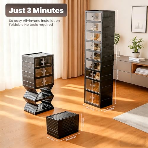 Image of Foldable Shoe Organizer Storage Box Set of 2, Portable Extra Large Folding Shoe Rack for Closet, Shoe Storage Box with Magnetic Transparent Door and Wheels, 9 Layers 18 Grids with 4 Big Grids