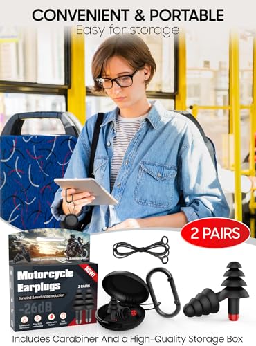 Image of Motorcycle Ear Plugs for Wind Noise Reduction, Reusable Silicone Earplugs with Filter for Long Rides, 26dB Hearing Protection with Safety Cord & Travel Case