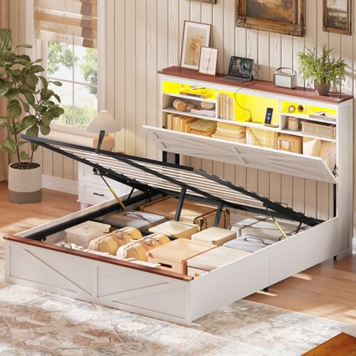 AOGLLATI Queen Farmhouse Bed with Storage & Lights