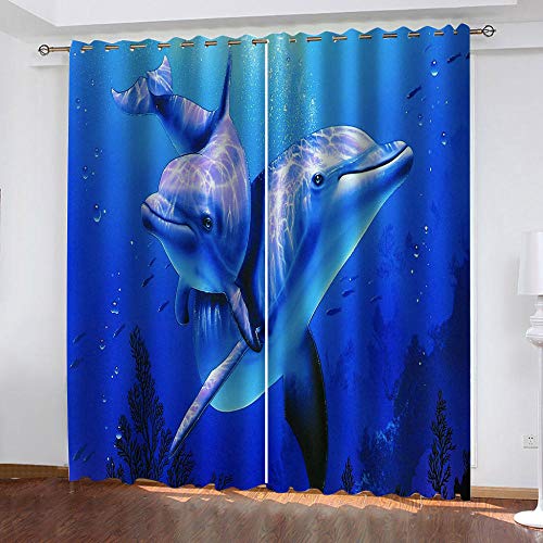 YTSDBB Rideaux Occultant Chambre Dauphin Animal Bleu L 160 x H 115 cm 3D Impression Isolant Thermique Isolant phonique 90% Rideaux Occultant à Oeillets...