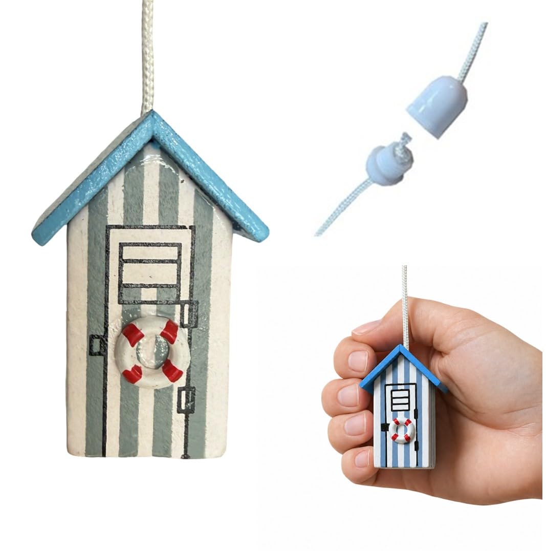 Lowgy Grey & White Wooden Beach Hut Light Pull With Choice Of Cord Colour & Connector - Nautical Bathroom Pull Cord/Hanging Decoration (Grey & White)