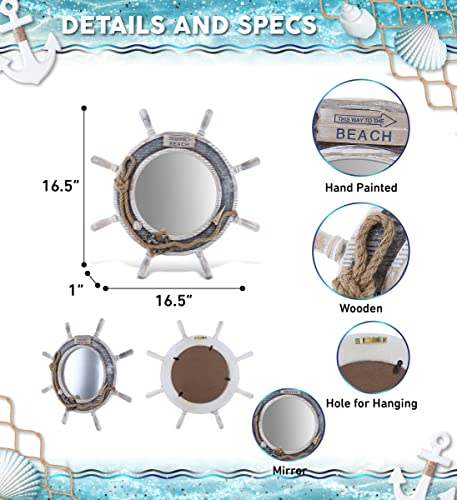CoTa Global Silver Sea Beach Wall Decor Nautical Ship Wheel Mirror - Handcrafted Wooden Ship Wheel Mirror with Hanger, Nautical Themed Home Decor, Decorative Ornament - Image 3