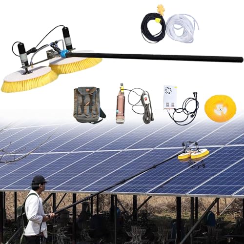 Solar Panel Cleaning Brush 70cm Dual Head Rotating Cleaning Brush, Water Powered Rod Kit Automatic Solar Panel Cleaning Tools,6M