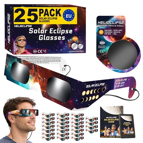 Helioclipse 25 Pack Solar Eclipse Glasses 2026 - Trusted for Direct Solar Eclipse Viewing - Iso 12312-2 & Ce Certified - Bonus 5x Phone Filter