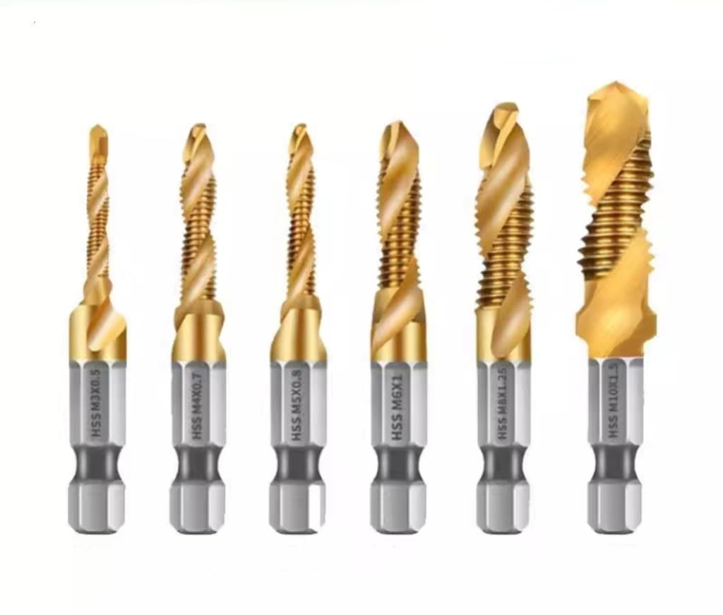 6-Piece Hex Shank Tap & Drill Bit Set for Combined Drilling & Tapping Machine - M3/4/5/6/8/10 High-Speed Steel Threading Tool Kit