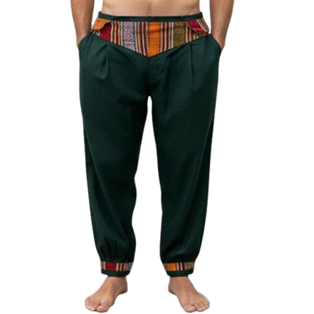 Ukal Men's Harem Pants Pajama Trouser, Dark Green with Tribal Print Waistband and Cuffs, Boho Style (Free Size) 28-36-image-0