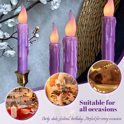 Image of Purple Flameless Short Taper Candles, Real Wax Hand Dipped LED Battery Operated with Remote, Flickering Flame Lights for Festival Party Home Decor, 6.7 Inch Primitive Flameless Candles, 2PCS