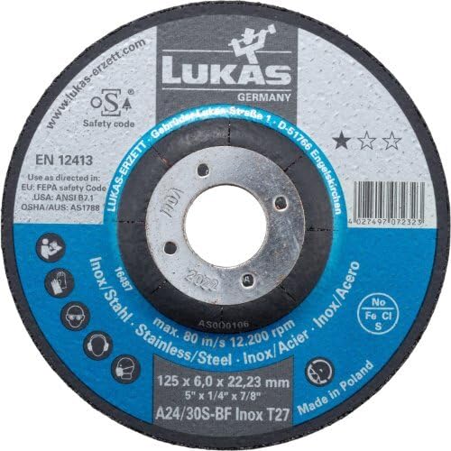 LUKAS ERZETT 10 discos de desbaste T27 para acero inoxidable 180 x 6 mm, para amoladora angular, A24/30S-BF, 20 x 20 x 9 cm