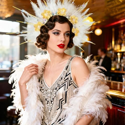 JeVenis Feather Headpiece 1920s Carnival Accessories Headdress Mardi Gras Rave Festival for Women Flapper Costume Supplies (golden)