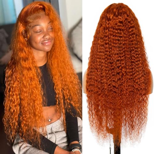 YINGRUN 30 Inch Ginger Wig Human Hair 13x6 Deep Wave Lace Front Wigs Human Hair Ginger Orange Curly Human Hair Wig 180 Density Colored with Hairline for Black Women 350#