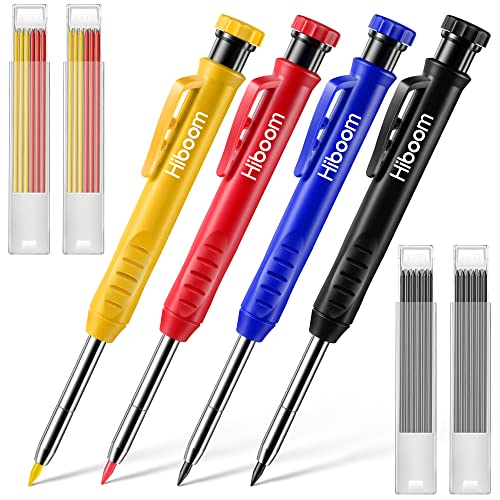 Hiboom 4 Lápices de Carpintero Macizos con Sacapuntas Incorporado Lápices Mecánicos con 24 Recambios Herramientas de Trazado de Orificios Profundos de Carpintería (Negro, Azul, Rojo, Amarillo) Cover