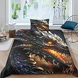OPSREY Drache Steppdeckenbezug Zip-Verschluss Bedding Sets Komfortabel Drache King Bettbezug Kissenbezug Bettdeckenbezug Farbig Bettwäsche Set Mit Kopfkissenbezügen Single(135x200cm)