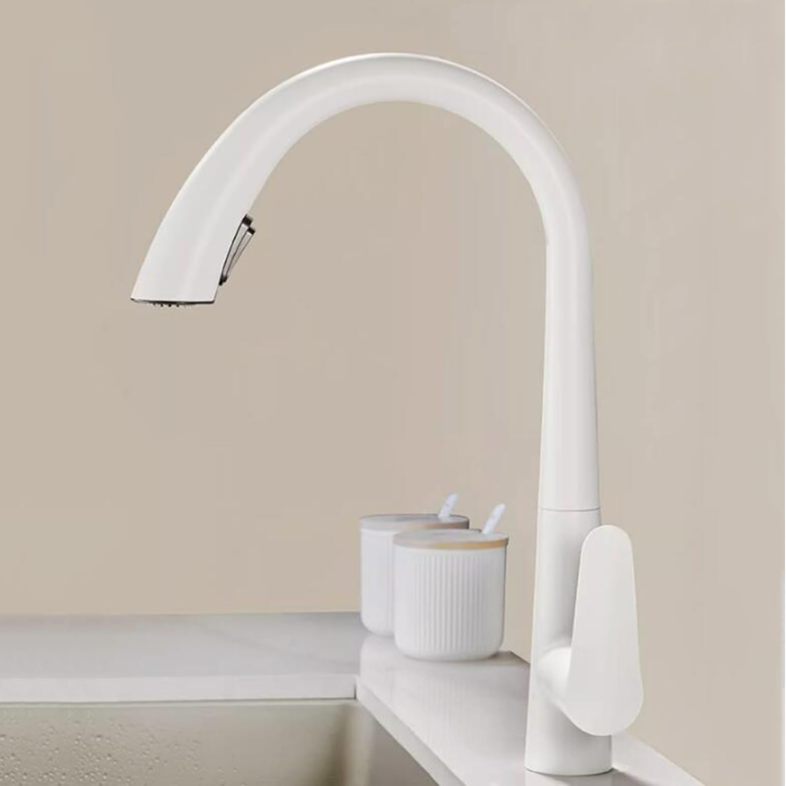 Grifo De Cocina Extraible Con Ducha, Grifo De Cocina Extensible Giratorio A 360°, Latón, Acabado Pulido, Color Blanco