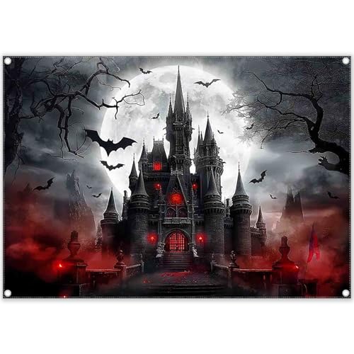 ZTHMOE Fabric 7x5ft Halloween Horror Castle Full Moon Night Photography Backdrop Haunted House Bat Background Spooky Party Decoration Photo Banner Props