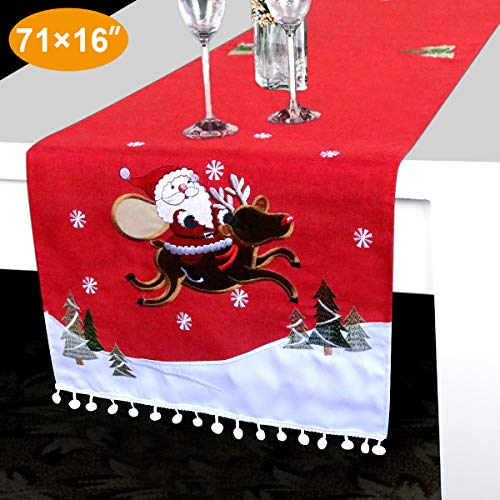 Christmas Table Runner - Red Table Runner w/Embroidered Xmas Patterns Dining Table Runner