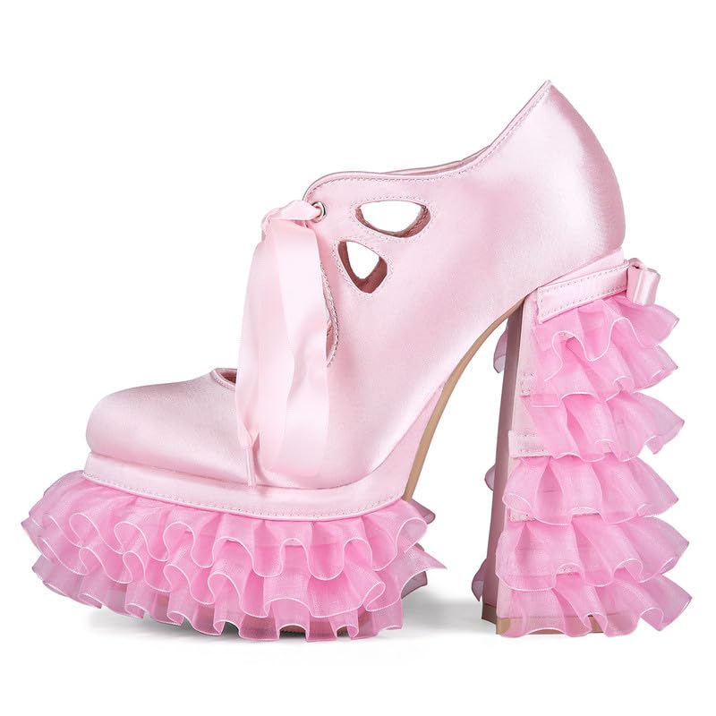 Lolita Plateaupumps für Damen Satin Schuhe mit Rüschenabsatz Schleife