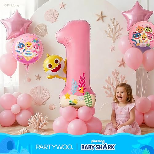 Image of PartyWoo Baby Shark Pink Foil Number 1 Balloon 40 Inch Pink Mylar Helium Birthday Number Balloons for Girls and Boys Baby Shark Under the Sea Ocean Theme Kids First Birthday Party Decorations