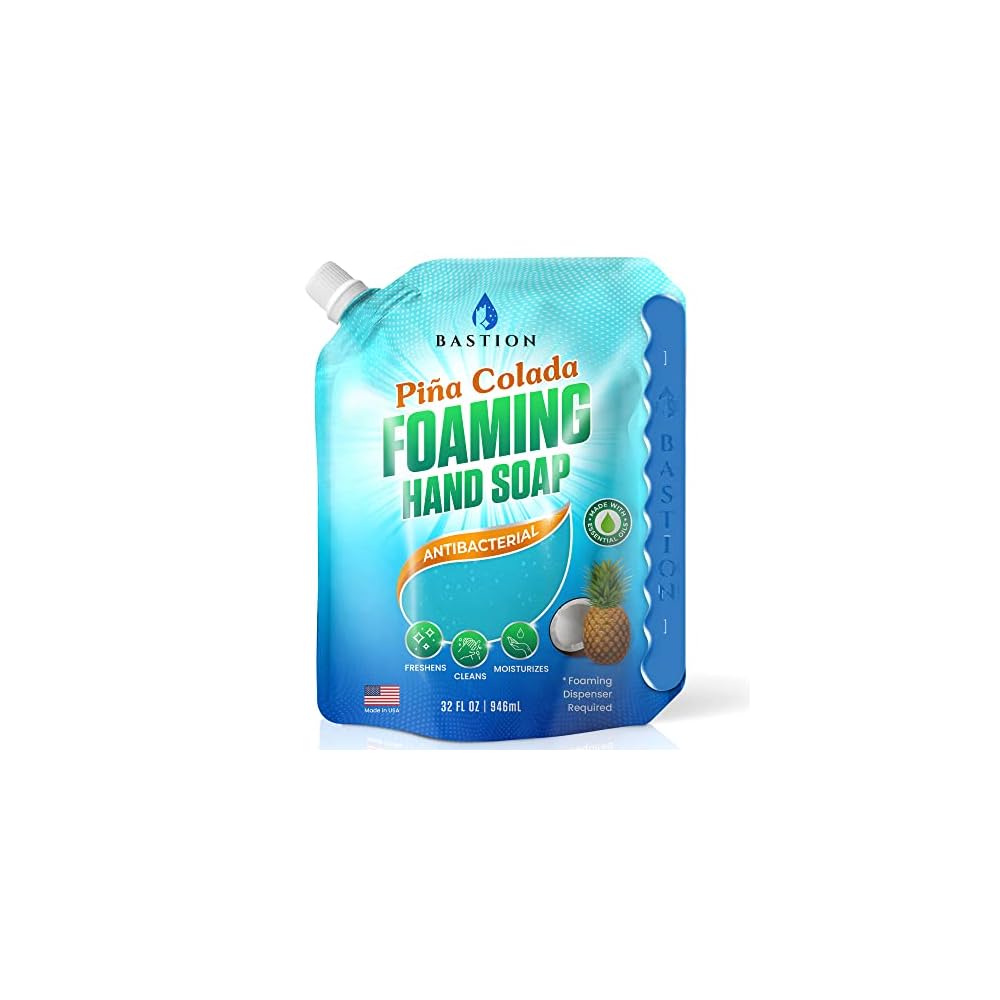 Bastion Foaming Hand Soap Refills: (6) 32oz Pouch Pina Colada Scented Antibacterial Instant-Foam Bulk Hand Wash