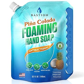 Bastion Foaming Hand Soap Refills 32oz Pouch Pina Colada Scented Antibacterial Instant-Foam Bulk Hand Wash