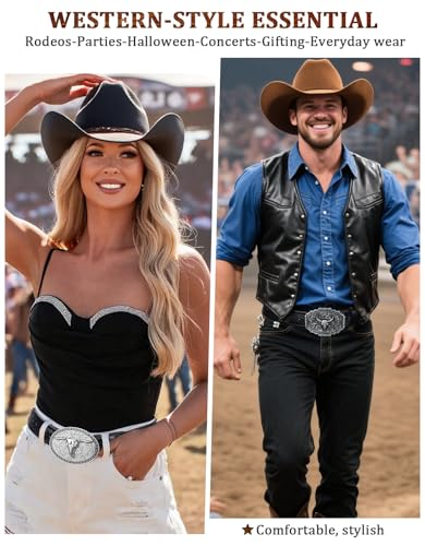 Kicoroiny Leather Western Belts for Woman Men - Bull Buckle, Cowboy Cowgirl Country Embossed Belt for Jeans Women Mens Gifts — view 2