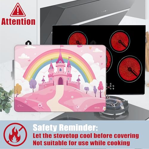 Image of Pink Princess Castle Glass Top Stove Cover Protector,Rainbow Heat Resistant Stove Top Cover, Large Size Range Covers for Electric Stove Countertop Mat, 28 x 20 Inch