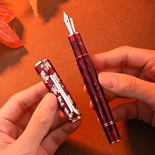 Hongdian N8 Fountain Pen Rose Gold Medium Nib With Ebonite Feed, Red Resin Maple Leaf Carving Cap With Converter And Metal Case #TOP6