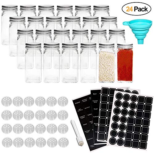 Meckily 24 Glass Spice Jars- Square Glass Containers With Square Empty Jars 4oz, Airtight Cap, Chalkboard & Clear Label, Shaker Insert Tops and Wide Funnel - Complete Organizer Set