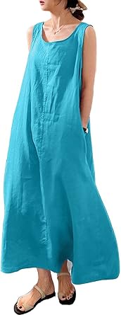 Hotmiss Women Summer Cotton Tank Dress Sleeveless Loose Sun Maxi Long Flowy Dresses with Pockets