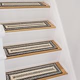 Homespice Manchester Jute Braided Stair Treads for Wooden Steps, Country Primitive Decor, Set of 13, Black and Tan 8x28 Rectangle Rug for Stairs - Easy to Clean, Tightly Stitched and Durable