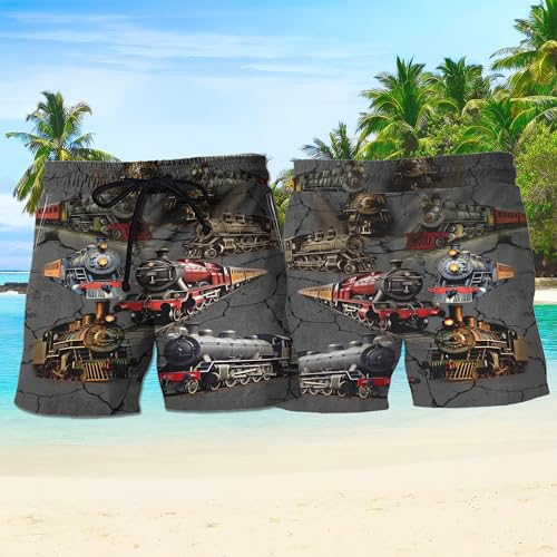 V-DECORPARKS Train Mens Swim Trunks - Locomotive Train Swimming Trunk for Men - Drawstring Beach Shorts, Mens Swim Shorts 312