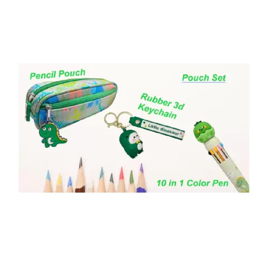 Image of Green Dinosaur Pencil Pouch Stationery Set with Soft Case Pouch, Multicolor Pen and 3D Dinosaur Keychain Art Artificial Leather Pencil Box (Set of 3, Greens) (Green Dinosaour Pencil Pouch)