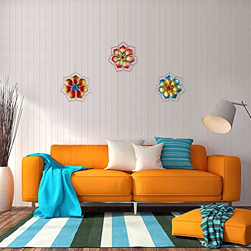 12" Metal Flower Wall Decor, Hand-Painted Vibrant Colors Flower Metal Wall Art, Wire Framed 3D Floral Wall Sculpture Hanging Decoration For Indoor And Outdoor, 3 Pack #TOP1