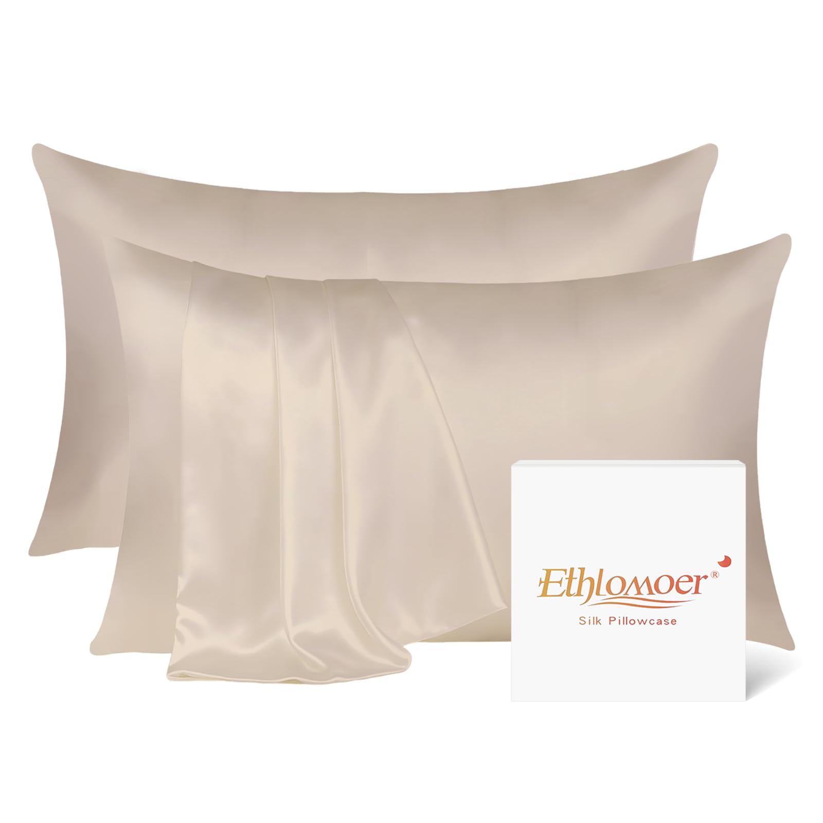 Ethlomoer 100% Natural Pure Silk Pillowcase for Hair and Skin, Both Side 19mm, Hypoallergenic, 600 Thread Count, Smooth Satin Pillowcase with Hidden Zipper, 50x75 cm (Beige-2PCS)