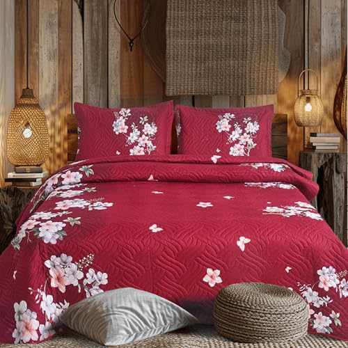 Hadi London Couvre-lit matelassé en patchwork avec 2 taies d'oreiller réversibles - Imprimé floral - Couette légère et confortable - Convient pour lit double et...