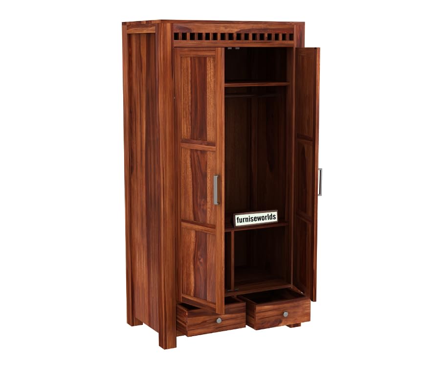 Image of Sheesham Wood Wardrobe with 2 Drawer and 4 Shelves Storage for Bedroom Wooden Almirah for Clothes for Living Room Bedroom Home, Solid Wood Furniture (Honey Finish)