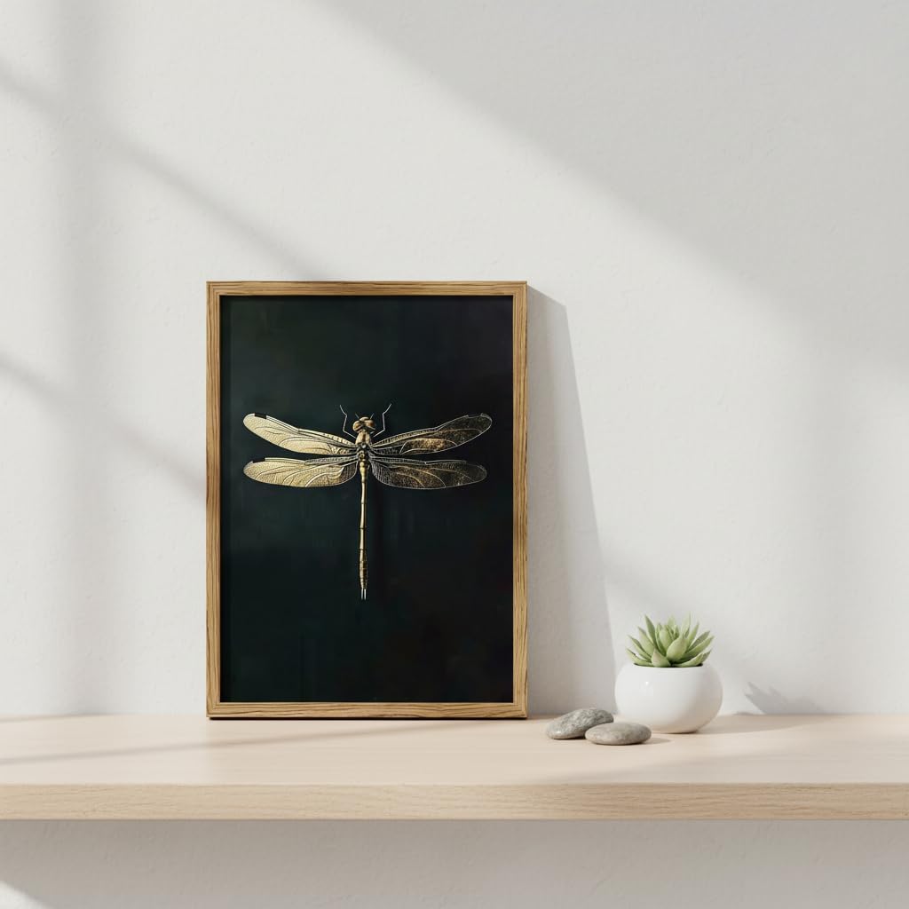 Gold Dragonfly Wall Decor, Elegant Nature Canvas Art, Modern Farmhouse Dragonfly Artwork, Minimalist Wall Hanging for Living Room Bedroom Bathroom 16x12 inch eco-friendly solid wood picture frame