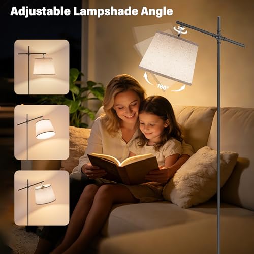 Image of SIBRILLE Floor Lamp with Linen Shade, Dimmable Tall Standing Lamp with Remote Control & 3 Color Temperatures Bulb, Modern Swing Arm Floor Lamps for Living Room Bedroom Office Corner