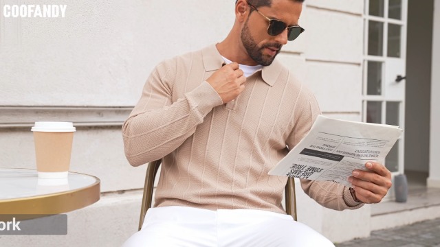 Polos de hombre COOFANDY de punto, manga larga, cuello tipo polo, suéteres casuales | Puños y dobladillo con alta elasticidad, textura tejida, ropa estilo Old Money, perfecto para casual y oficina miniatura 7