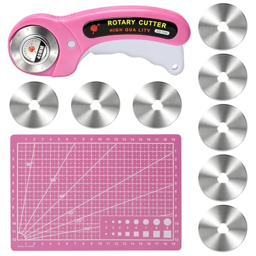 45mm Rotary Cutter for Fabric with 8 Extra Blades and A5 Cutting Mat Ergonomic Handle Safety Lock Roller Cutter for Fabric Sewing Quilting Leather Crafting Perfect for Left & Right Hand